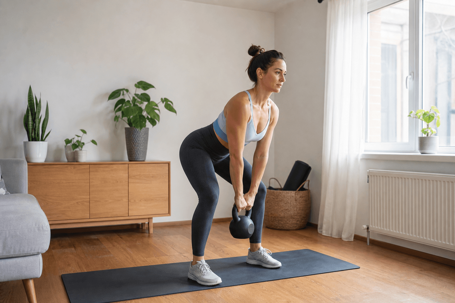 Athlete training with a kettlebell at home